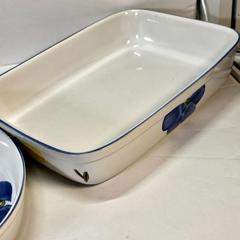 Hand Painted Portuguese Bakeware Floral Blue Yellow Divided Baker Oven To Table